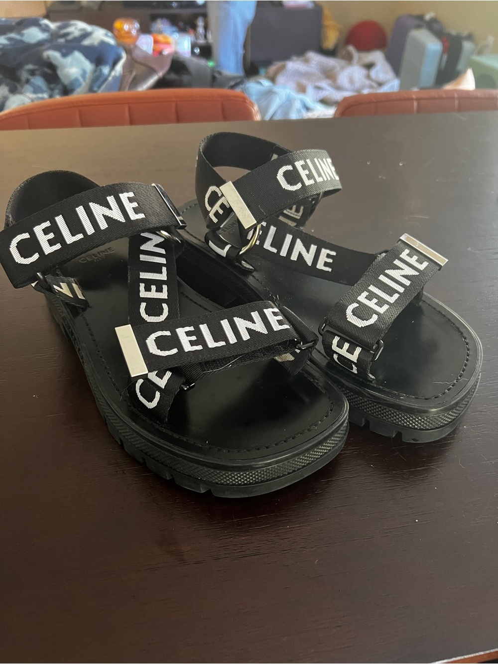 CELINE Black Logo Strap Sandals